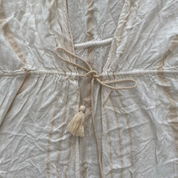 Lovestitch White Beige Stripe Open Tie Front Flowy Maxi Caftan Coverup Kimono - Picture 5 of 12